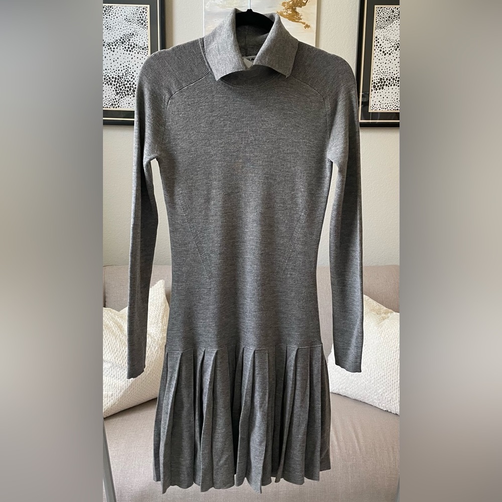 Lacoste Runway Collection Fit & Flair Pleated Wool Dress Stone Chine Gray SZ 10